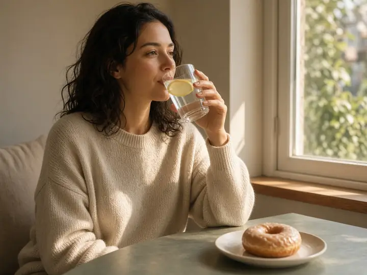 A woman drinking lemon water, a donut left aside