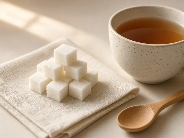 Sugar cubes on a linen napkin beside a cup of tea