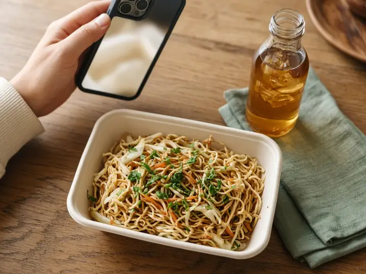 Taking a photo of takeaway noodles with a phone