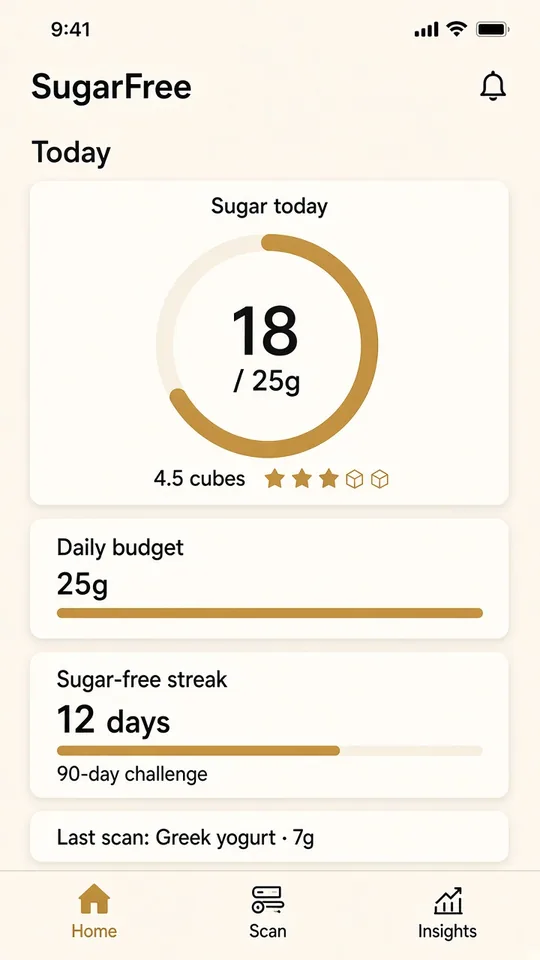 SugarFree home screen: today's sugar ring, daily budget and streak