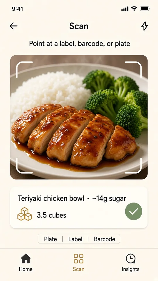 SugarFree scan screen estimating sugar in a plate of teriyaki chicken
